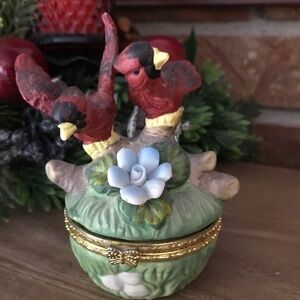 Rare Vintage Red Bird Miniature Gold Trinket Box